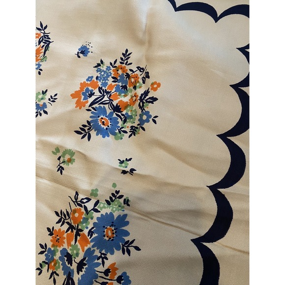 Vintage Mid-Century Tablecloth Flowers Floral Blue Orange 4'x5' Cottage Core - Picture 6 of 9